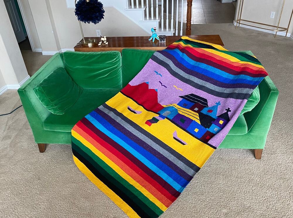 vintage 80s RAINBOW STRIPED Iglesia MEXICAN Blanket serape woven Falsa blanket